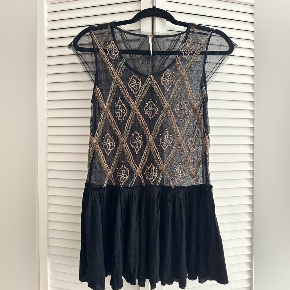 FREE PEOPLE BLACK HOLIDAY TO INDIA BEADED PEPLUM TOP